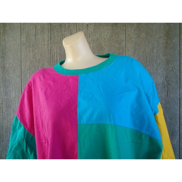 NOS Vtg 80s Shirt Colorblock Pink Turquoise  Oversized One Size 100% Cotton - Picture 9 of 9